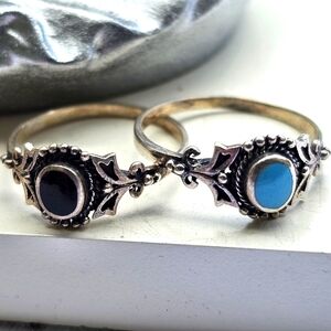 Sterling Silver Turquoise and Onyx Two Rings Set